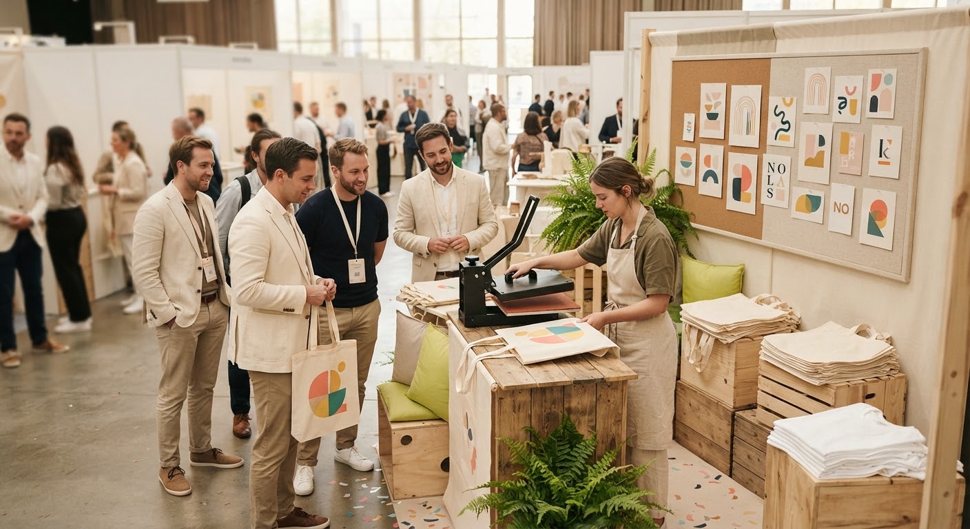 Stand de personalizare live pentru activări de brand — sacoșe, tricouri și șepci cu logo-ul tău